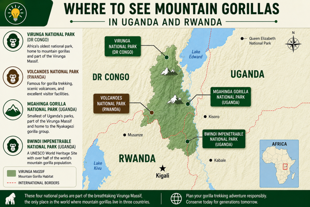 Map of where to see mountain gorillas in Uganda and Rwanda.