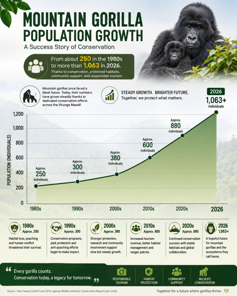 Mountain Gorilla Population | An engaging infographic showing the population growth from the 1980s (approx. 250 individuals) to 2026 (approx. 1,063+ individuals).